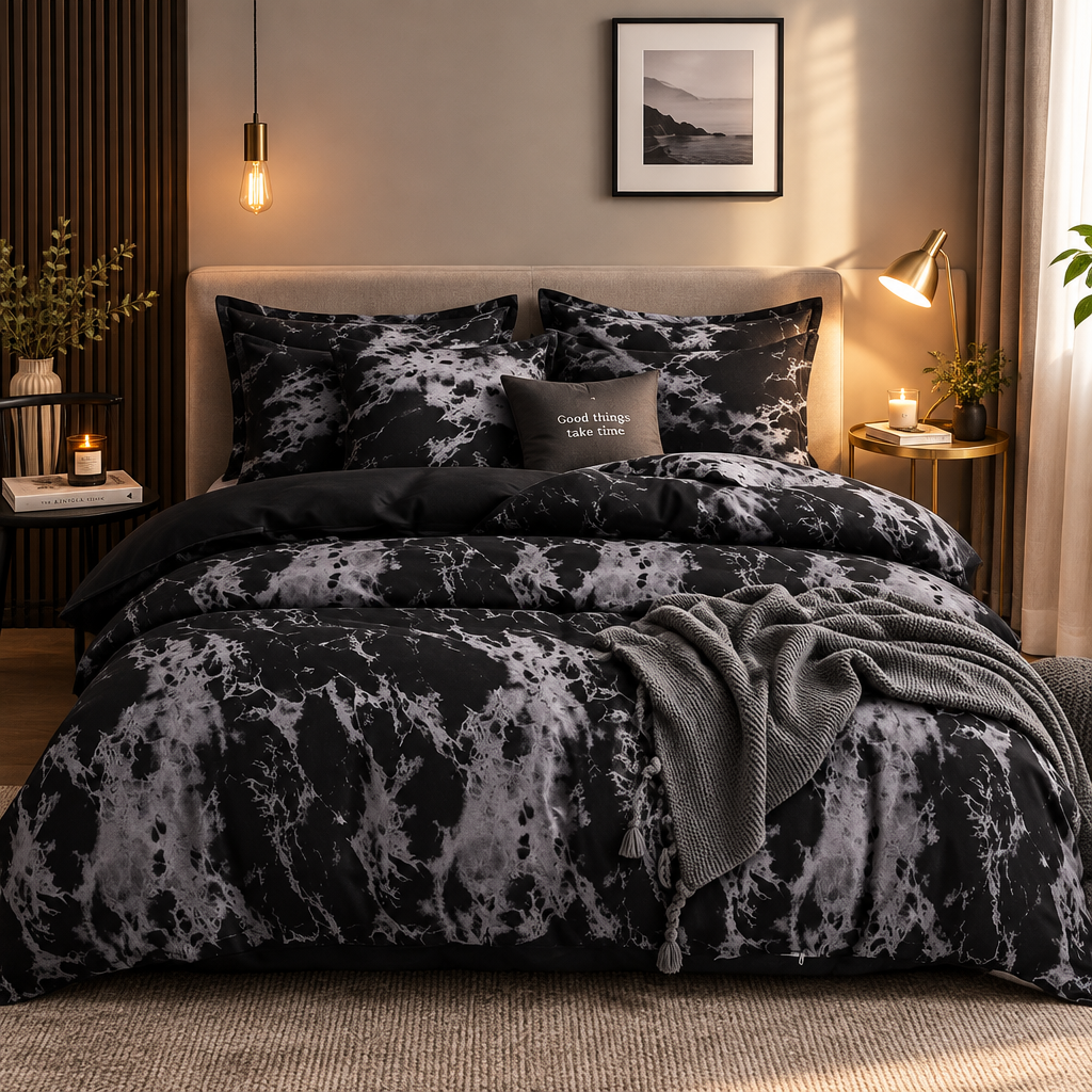 A neatly made bed in a modern bedroom setting, featuring a black and gray marble-patterned duvet cover and matching pillow shams, with a small gray accent pillow that reads 'Good things take time'.