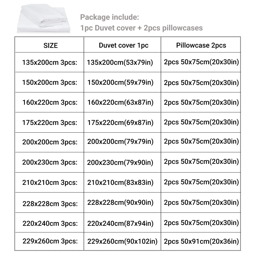 Table displaying package contents and dimensions of a duvet cover and pillowcases with a white duvet cover shown.