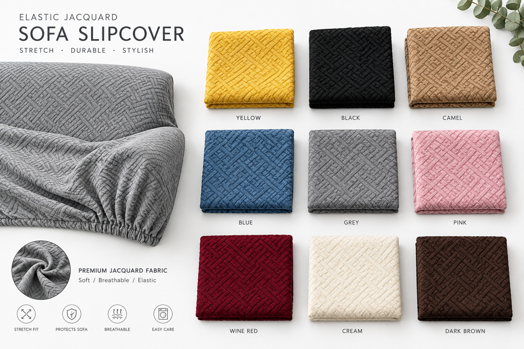 Elastic jacquard sofa cover colour swatches flat lay showing 18 available colours