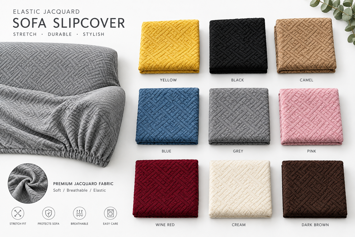 Elastic jacquard sofa cover colour swatches flat lay showing 18 available colours